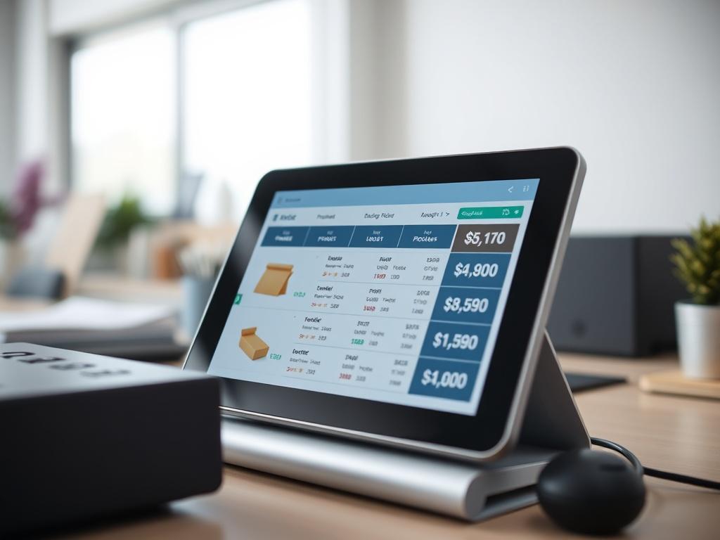 A close-up shot of a modern electronic price comparison tool on a digital device, showcasing its interface with various product prices displayed. The background is a clean, simple work desk with a soft-focus effect.