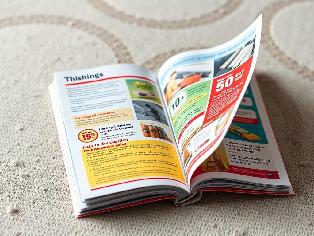 A high-resolution close-up of an open shopping guide booklet with colorful pages highlighting tips and discounts. The background is a textured, soft surface that complements the vibrant colors.