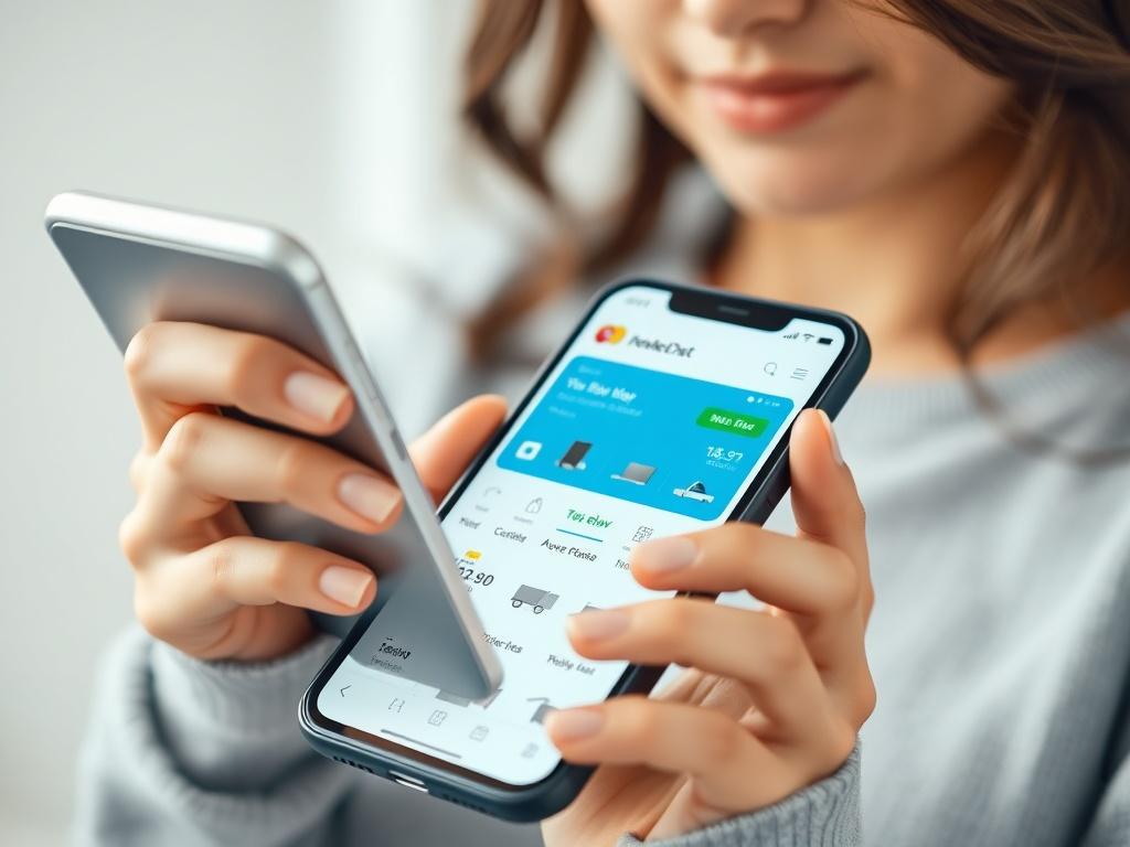 A hyper-realistic close-up shot of a person using a smartphone to compare prices on a website, showcasing a modern and clean interface. The background should be simple and uncluttered, with a focus on the device in the user's hands. The lighting should be bright and inviting, emphasizing the ease of use and accessibility of the price comparison platform.