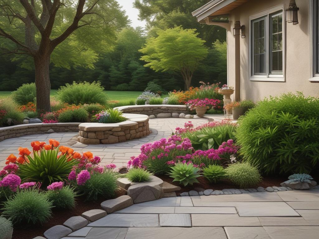 beautiful landscaping, colorful flowers, hardscape design, outdoor retreat