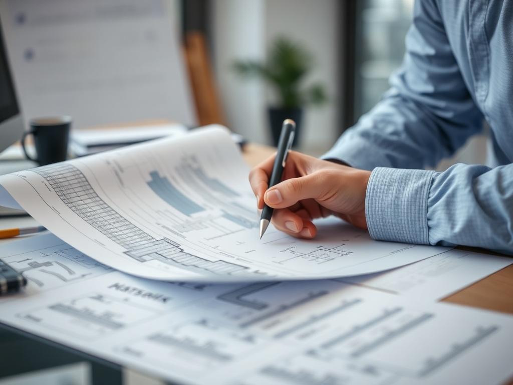 A close-up shot of a professional engineer reviewing building plans and technical documents in an office setting. The image should portray a sense of focus and professionalism, with a detailed view of the plans on the desk and the engineer's hands holding a pen. The background should be softly blurred to keep the focus on the subject, and the color scheme should be compatible with rgb(115, 212, 17).