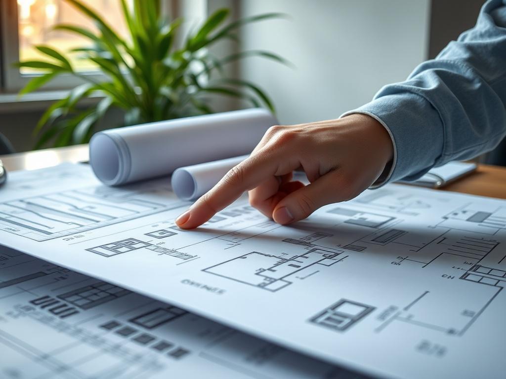 A high resolution close up shot of architectural blueprints and