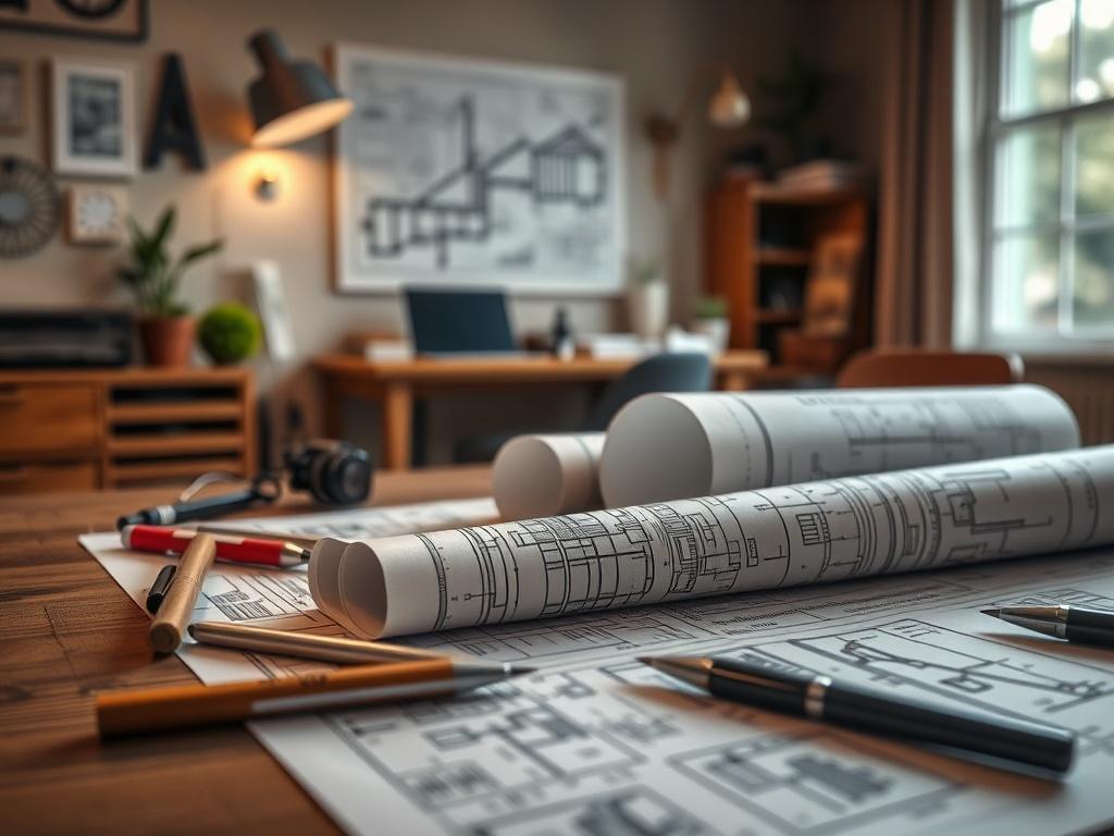 A highly detailed close up shot of architectural blueprints and