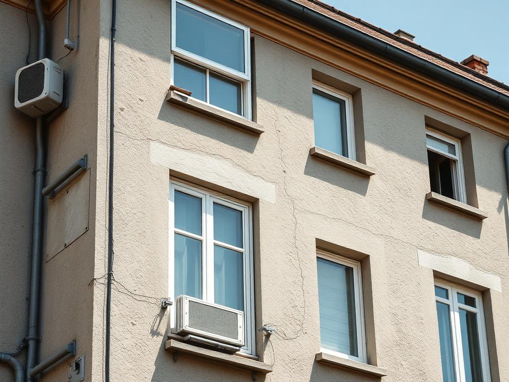 A close up shot of an old apartment building showcasing