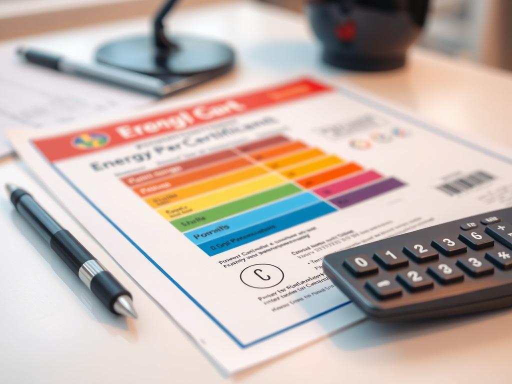 A close up of a colorful energy performance certificate displayed