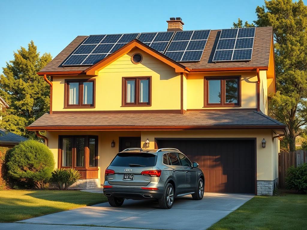 Create a highly detailed, realistic high-resolution image of a classic older family bungalow that has undergone a complete renovation. The house should feature a light yellow facade complemented by dark brown windows and a dark roof. Position a garage next to the house, showcasing a family SUV parked in front of it. On the roof, prominently display solar photovoltaic (FVE) panels. The composition should be simple and clear, focusing solely on the renovated house and its surroundings. The background should c