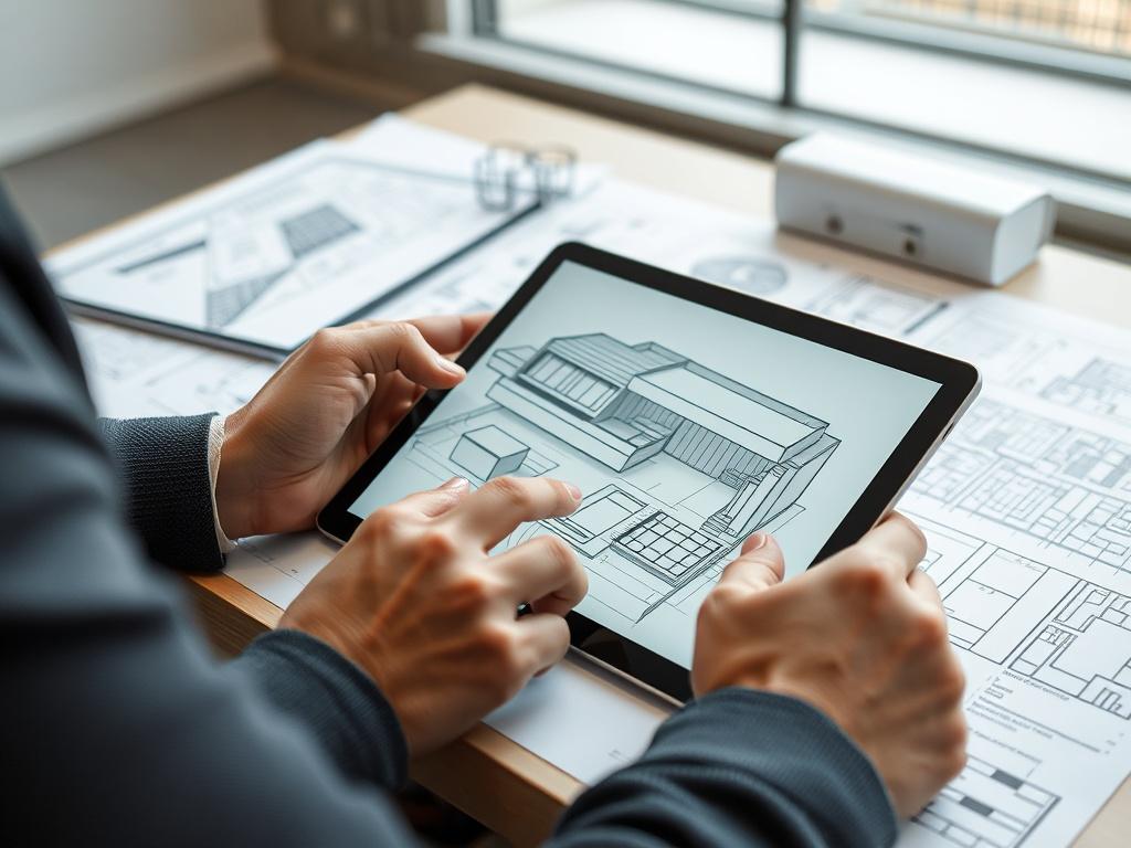A hyper-realistic close-up shot of an architect using a tablet to sketch a modern building design, with architectural plans scattered on the table. The background should be minimalistic to emphasize the design process. Shot with a 45mm f/1.2 lens style.