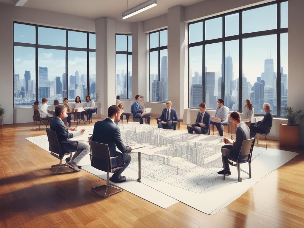 Create a high-quality illustration of a diverse group of investors collaborating over real estate plans, with visual elements like property models and financial charts in a bright, modern workspace.