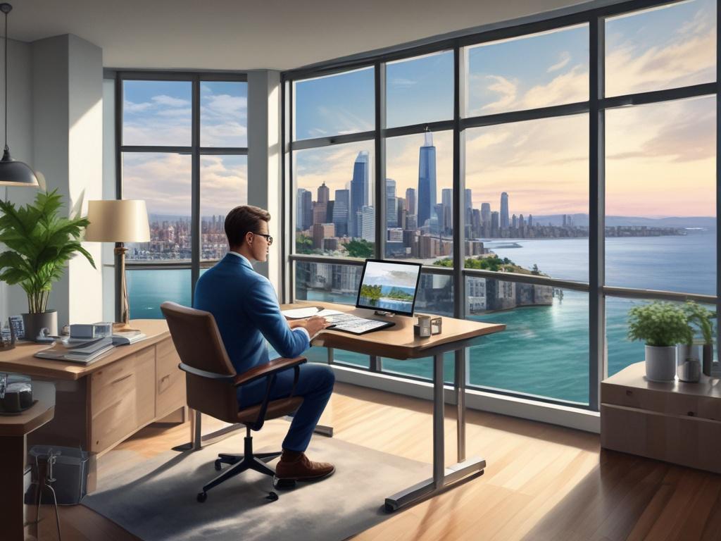 Create a high-quality illustration of a confident real estate investor analyzing market trends, surrounded by charts and property images in a modern office setting, with a clear view of Lake Michigan in the background.
