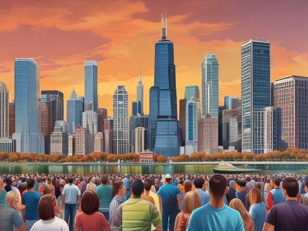 Illustrate a vibrant scene of Chicago's skyline with a diverse group of people discussing real estate opportunities, showcasing iconic buildings and a clear blue sky.