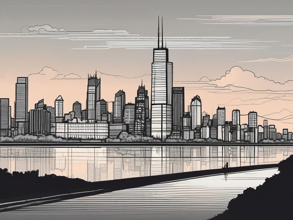 A high-quality illustration of a sleek, modern Chicago skyline featuring sharp lines in a solid black line drawing style. The scene should focus on a single, prominent building against a clear sky, with Lake Michigan in the foreground. The color palette should incorporate shades of dark blue, mahogany, and black, emphasizing a professional and inviting atmosphere.