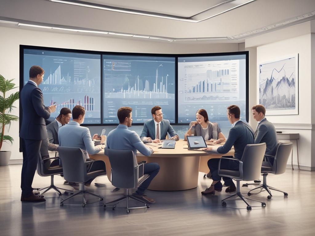 A highly detailed and realistic painting of a group of diverse investors gathered around a large table, reviewing property listings on an elegant tablet. The atmosphere is dynamic and professional, with charts and graphs displayed on a screen in the background. The setting is a modern conference room with large windows showcasing the Chicago skyline and Lake Michigan, with a palette of dark blue and mahogany.