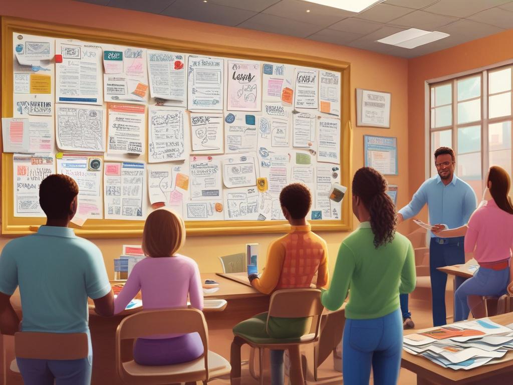 A highly detailed and realistic painting of a community bulletin board filled with colorful flyers and notes. People of various backgrounds are actively engaging with the board, discussing upcoming events and opportunities. The scene is set in a bright, welcoming community center with natural light streaming through large windows, adorned with plants and decor in dark blue and mahogany accents.