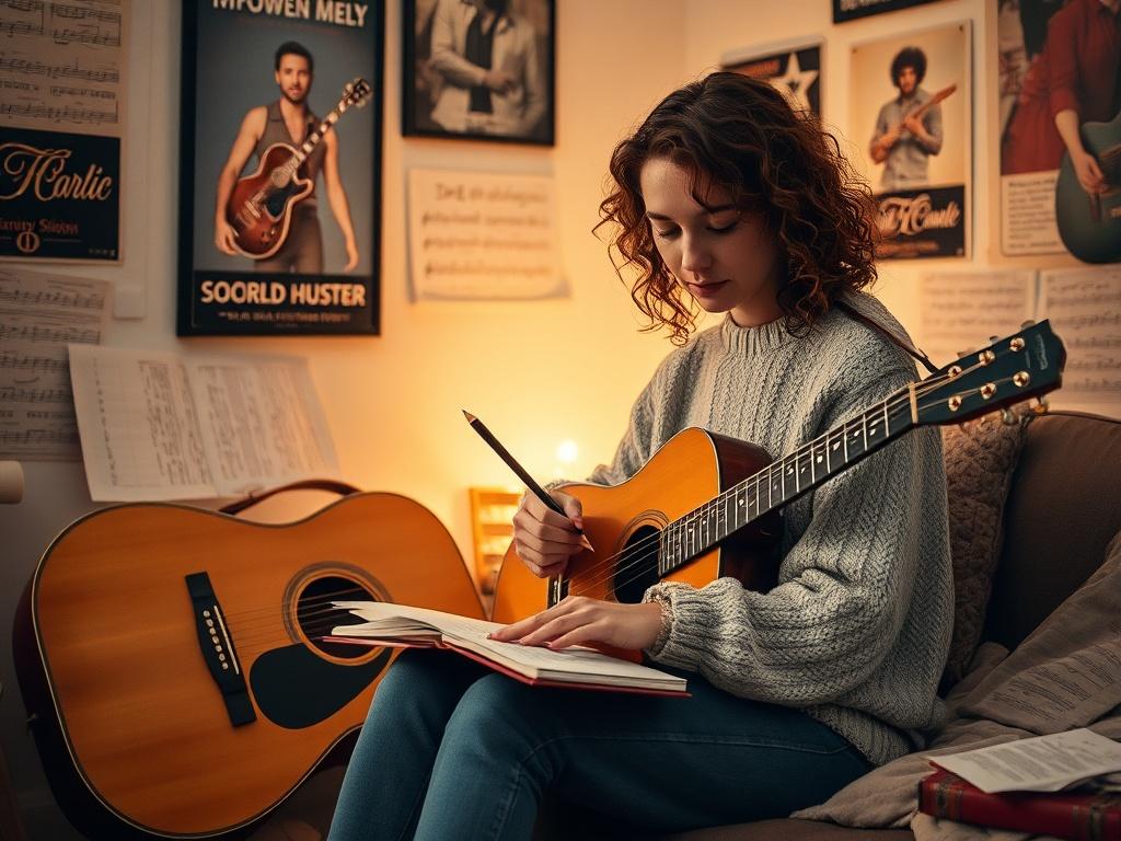 Create a realistic high-resolution photo that captures the essence of songwriting, specifically focusing on the theme "Crafting Catchy Hooks." 

**Composition**: The photo should feature a single subject, an inspiring female songwriter in her mid-30s sitting alone in a cozy, softly lit room. She is intently writing lyrics in a notebook, surrounded by scattered sheets of paper that reflect her creative process. The composition should convey a sense of concentration and inspiration.

**Subject Matter**: The s