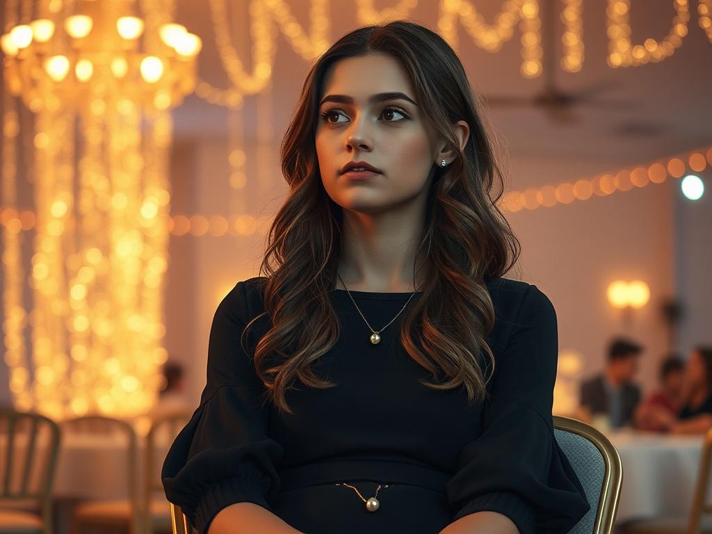 **AI Image Generation Prompt:**

Create a highly detailed and realistic high-resolution photo depicting a somber and reflective teenager named Olivia, a 16-year-old girl with a unique sense of style. She is sitting at a high school dance venue that captures the essence of both celebration and emotional turmoil. The composition should be simple and clear, focusing solely on Olivia as the subject.

**Subject Matter:**
- Olivia has long, wavy brown hair and is wearing a simple yet elegant dark dress that refle