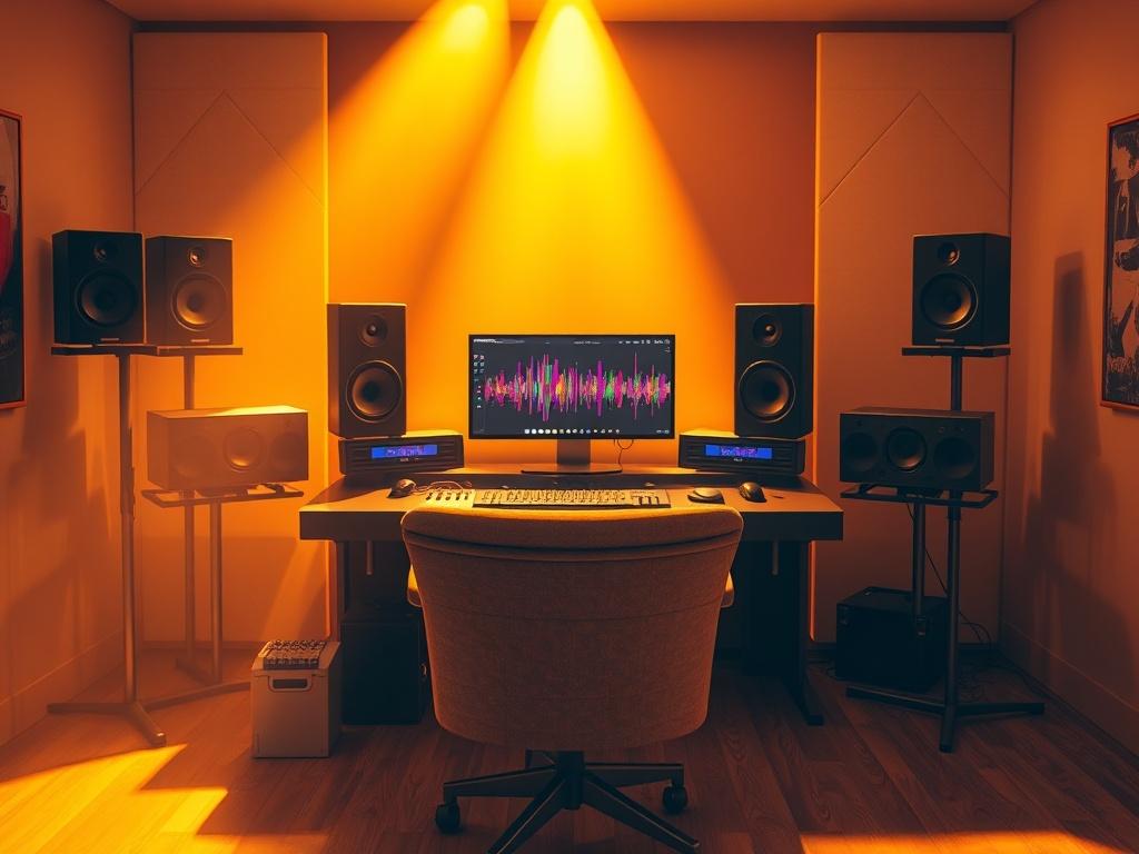 A vibrant music studio scene showcasing a digital audio workstation