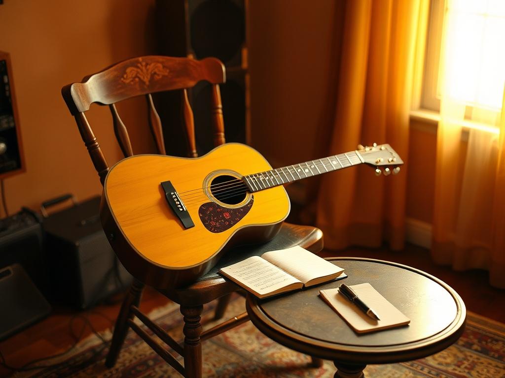 A cozy, serene studio environment with a single acoustic guitar