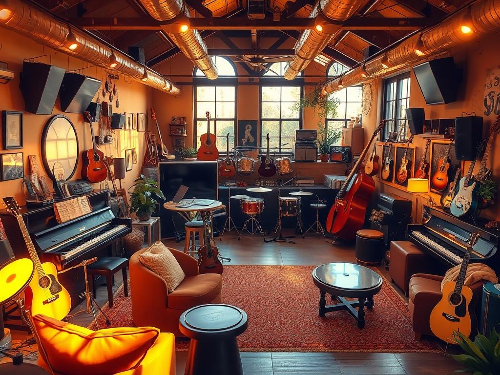 A beautifully designed music loft filled with musical instruments like