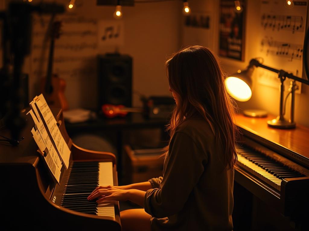 A serene, intimate studio setting with soft golden lighting. A single subject, a woman in her 30s with long brown hair, sits at a piano, deeply engaged in writing music. The background features musical notes and instruments, enhancing the creative atmosphere. The overall mood is warm and inviting, reflecting a passion for songwriting.