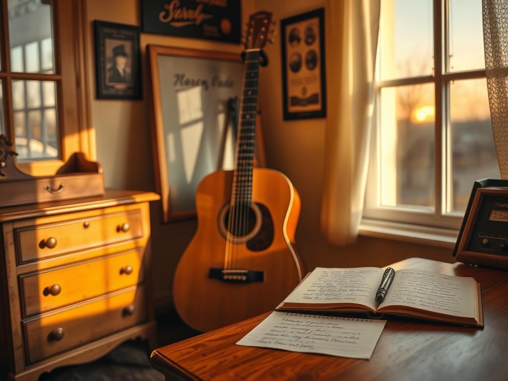 A cozy writing space with a warm golden hue, featuring a vintage desk, an acoustic guitar leaning against the wall, and a notepad filled with handwritten lyrics. Soft lighting creates a serene atmosphere, with a window showing a glimpse of a sunset outside. The focus is on the desk, emphasizing the songwriting process.