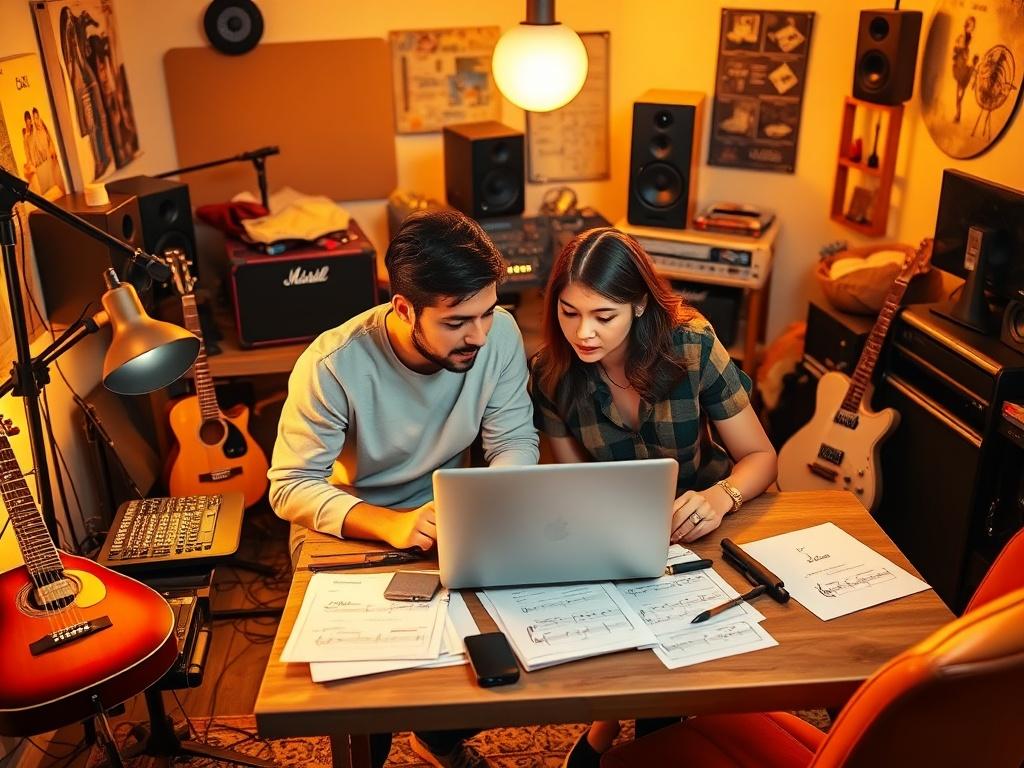 A creative workspace filled with musical instruments, recording equipment, and collaboration tools. The setting has a warm, golden glow, emphasizing a sense of teamwork. Two people are seen discussing ideas over a laptop, surrounded by notes and music sheets, showcasing the collaborative spirit.