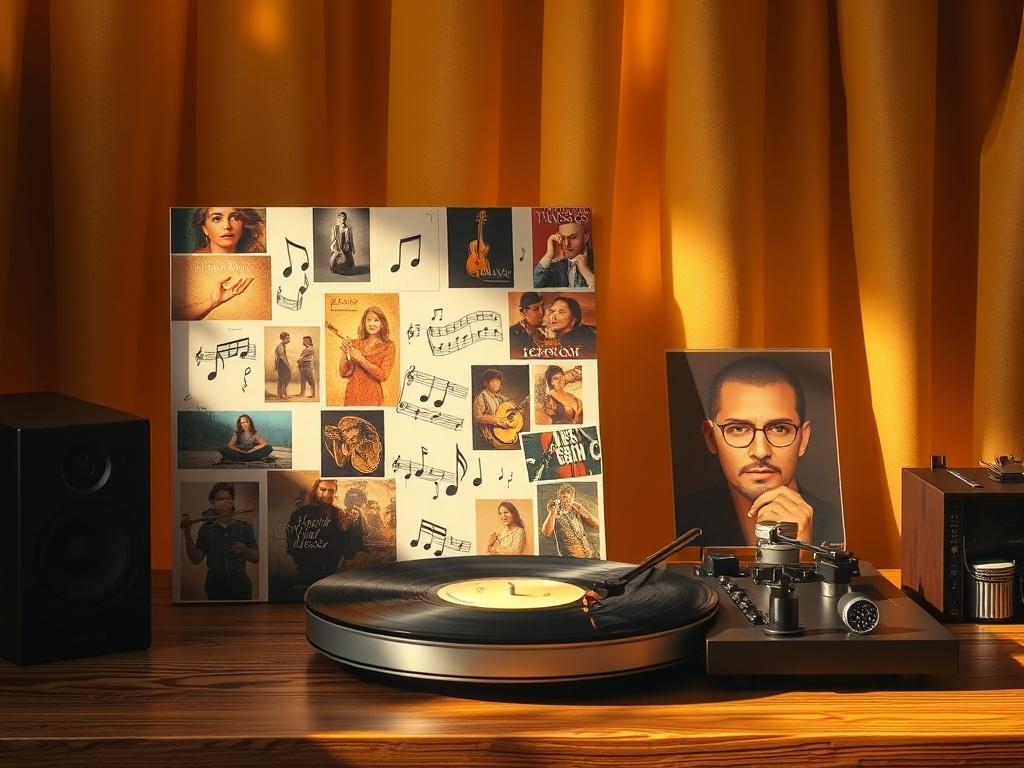 An album cover display featuring vibrant images of musical notes and instruments, surrounded by a backdrop of soft golden light. The focus should be on a vinyl record and a music player, representing the essence of musical exploration and creativity. The atmosphere should feel inviting and warm.