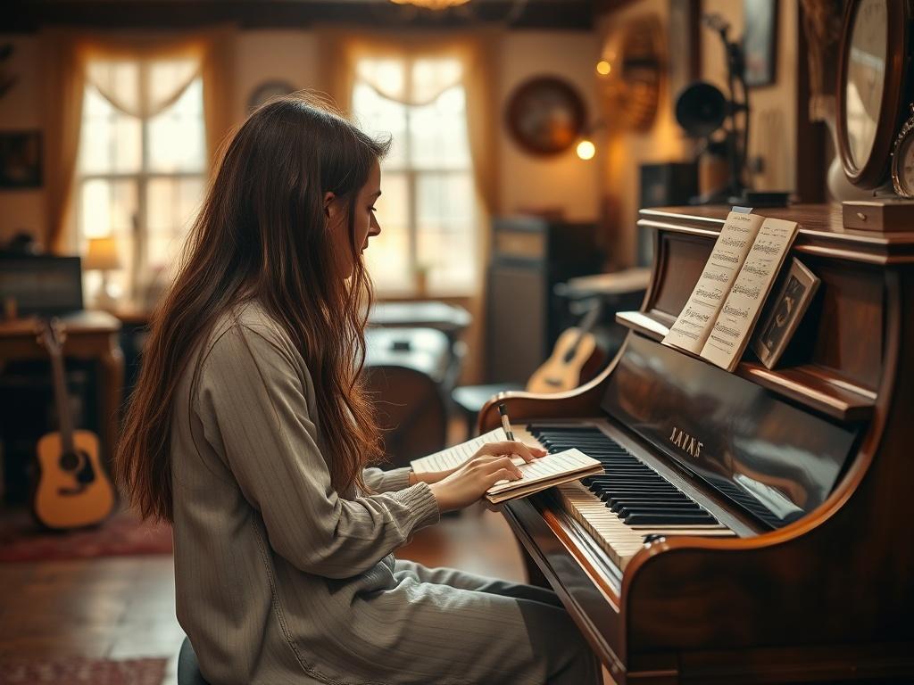 A serene setting featuring a woman with long brown hair, sitting at a vintage wooden piano, surrounded by soft golden lighting. She is deeply focused, writing lyrics in a notebook, with sheet music scattered around her. The background is softly blurred, showing a cozy music studio filled with musical instruments and warm decor. The overall atmosphere conveys creativity, passion, and tranquility.