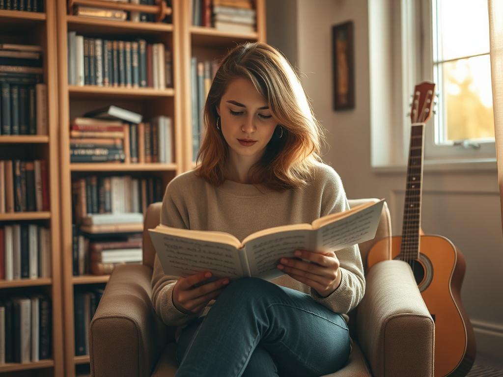 Create a realistic high-resolution photo centered around the theme "The Journey of a Songwriter." In this image, depict a solitary female songwriter sitting comfortably in a cozy, warmly lit music studio. She should be in her late 30s with a thoughtful expression, immersed in the creative process as she examines a handwritten notebook filled with lyrics and musical notes. Surround her with soft lighting that casts gentle shadows, creating a serene and intimate atmosphere. 

The background should feature a beautiful wooden bookshelf filled with books about music theory, classic songwriters, and various musical instruments. A guitar rests against the wall nearby, and a window lets in soft, golden sunlight, hinting at a peaceful outdoor scene beyond. The color palette should incorporate cozy golden hues, enhancing the feeling of warmth and inspiration. Ensure the composition remains simple and clear, focusing solely on the songwriter as the subject, capturing the essence of her creative path and the emotional journey she embarks on as a musician.