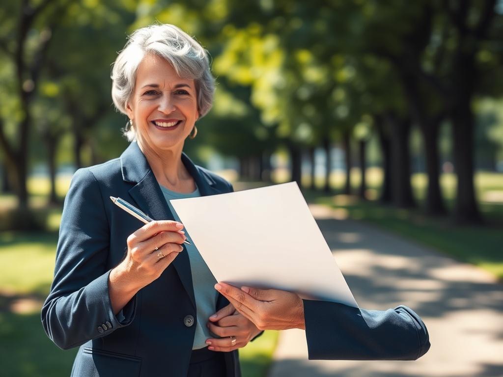 **Prompt for AI Image Generation:**

Create a hyper-realistic high-resolution photo featuring a professional mobile notary public in action. The subject should be a confident, middle-aged woman with a warm smile, dressed in business casual attire, standing in a bright, sunny park setting in Midland. She holds a document in one hand and a pen poised in the other, ready to notarize a signature. 

The background should be softly blurred to create a bokeh effect, showcasing lush green trees and a well-maintaine