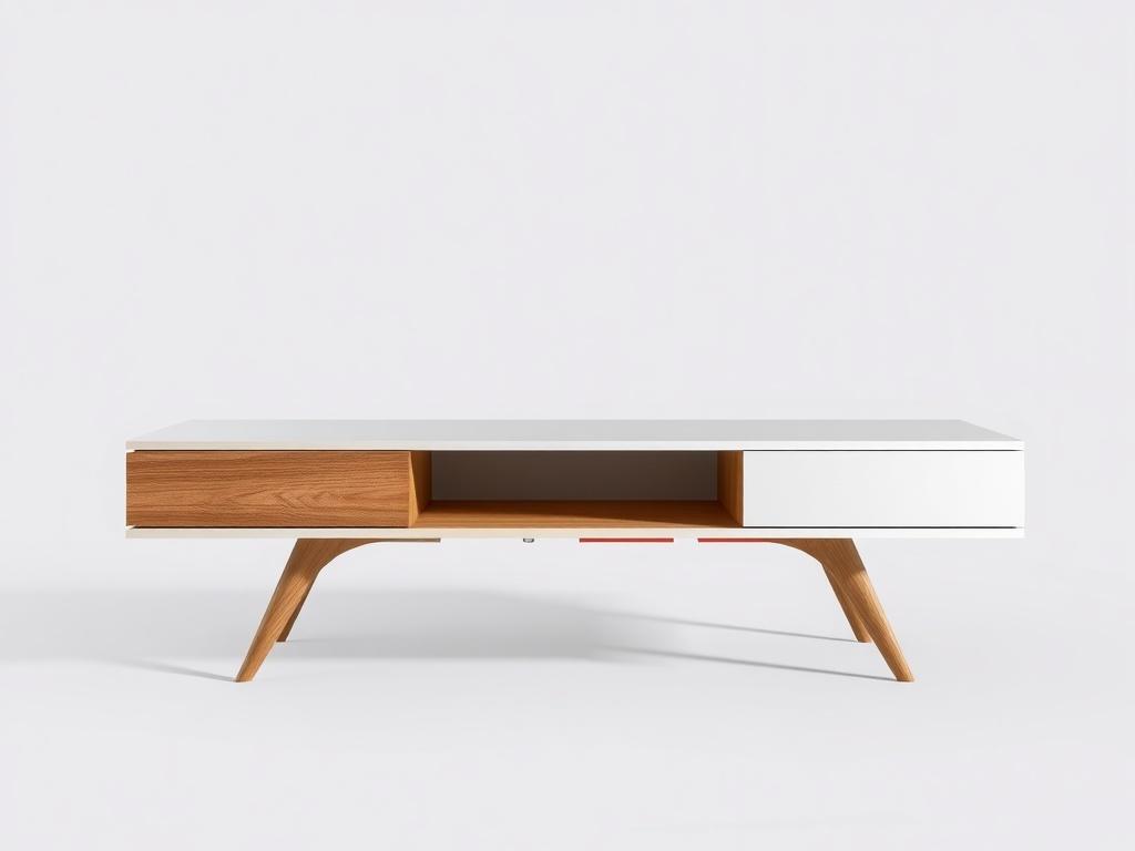 A hyper-realistic close-up shot of a modern TV table made of melamine, featuring minimalist wooden legs. The design should reflect contemporary aesthetics with clean lines and a sleek finish. The background should be simple and unobtrusive, focusing entirely on the table. The table should have a warm wood tone that complements the #CFB07C primary color theme.