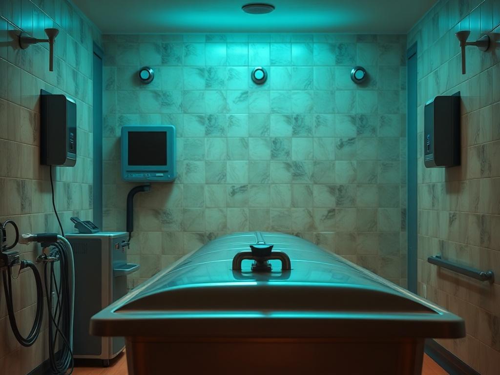 A serene cremation chamber, softly lit, showcasing the equipment used