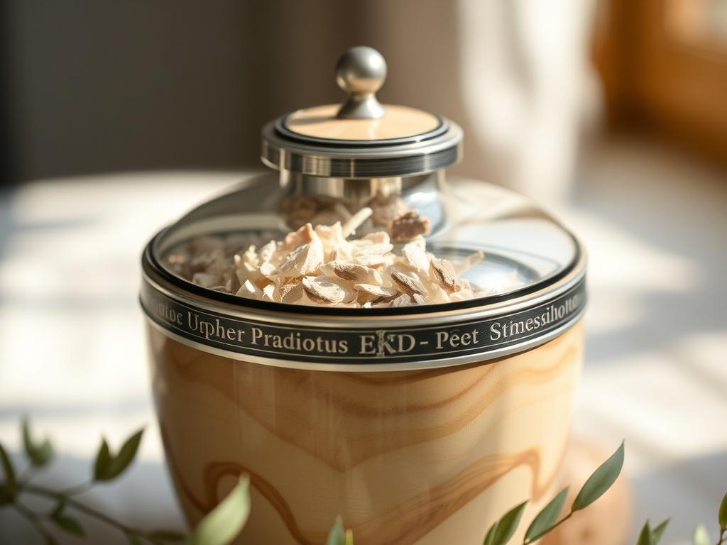 A close up of a beautifully designed urn with soft