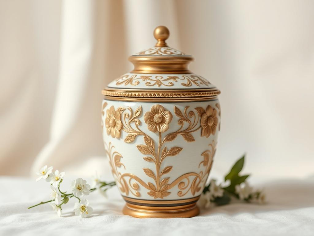 A serene and respectful setting featuring a beautifully decorated urn
