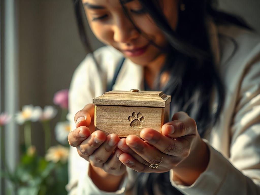 Create a realistic high-resolution photo that illustrates the theme of "Understanding Pet Cremation Options." The composition should feature a close-up shot of a compassionate pet cremation specialist gently holding a small, beautifully crafted wooden urn in their hands, symbolizing the respectful aftercare for beloved pets. The specialist should be softly illuminated by natural light, showcasing their sincere expression and dedication to providing comfort to grieving pet owners.

The background should be simple and unobtrusive, featuring soft, blurred nature elements such as greenery or flowers to evoke a sense of tranquility and peace. The urn should be the focal point of the image, with detailed craftsmanship visible—perhaps a small engraving of a paw print or a heartfelt phrase, reflecting the personal touch offered in pet cremation services. The overall color palette should be warm and soothing, with earth tones predominating to create an inviting and empathetic atmosphere.

Ensure the image communicates care, professionalism, and understanding in the context of pet aftercare, perfect for a blog post exploring the different cremation options available for pets.