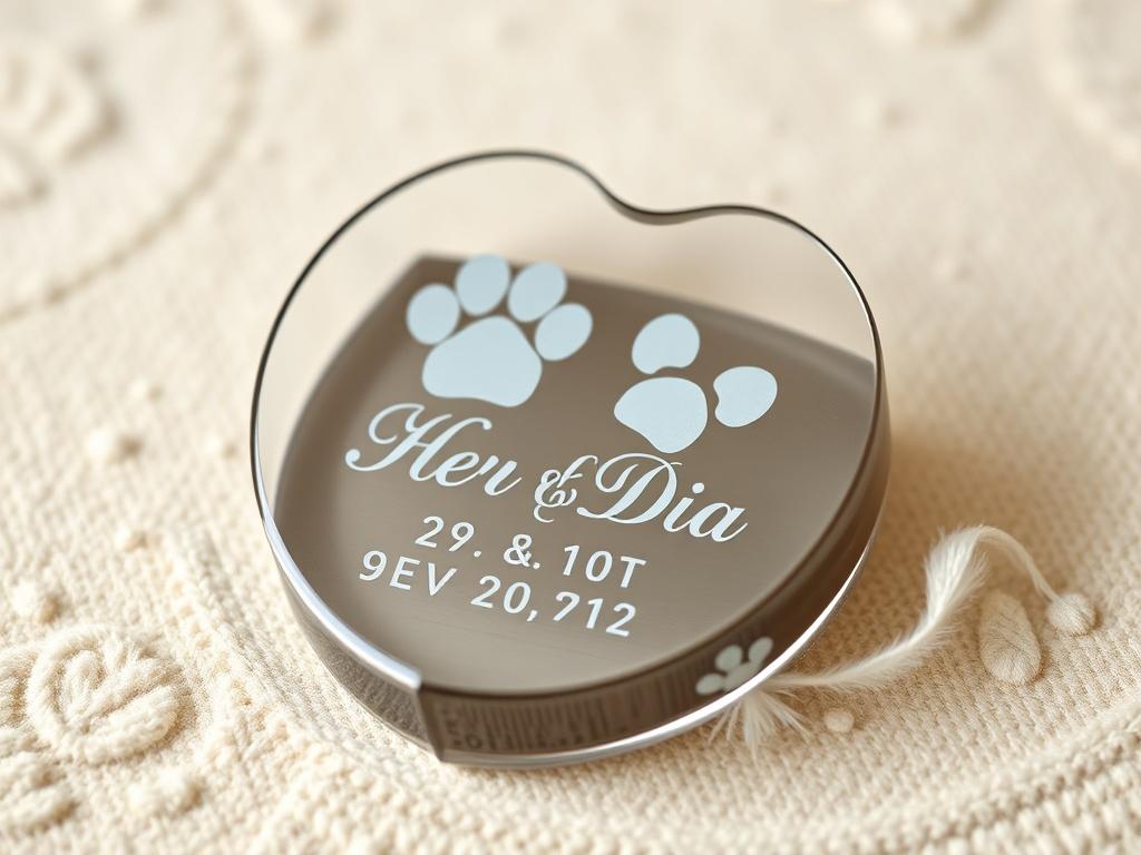 A close-up shot of a personalized pet memorial keepsake, elegantly engraved with a pet's name and date. The keepsake is beautifully displayed on a soft, neutral background, emphasizing the craftsmanship and emotional connection. The image should evoke a sense of warmth and remembrance.