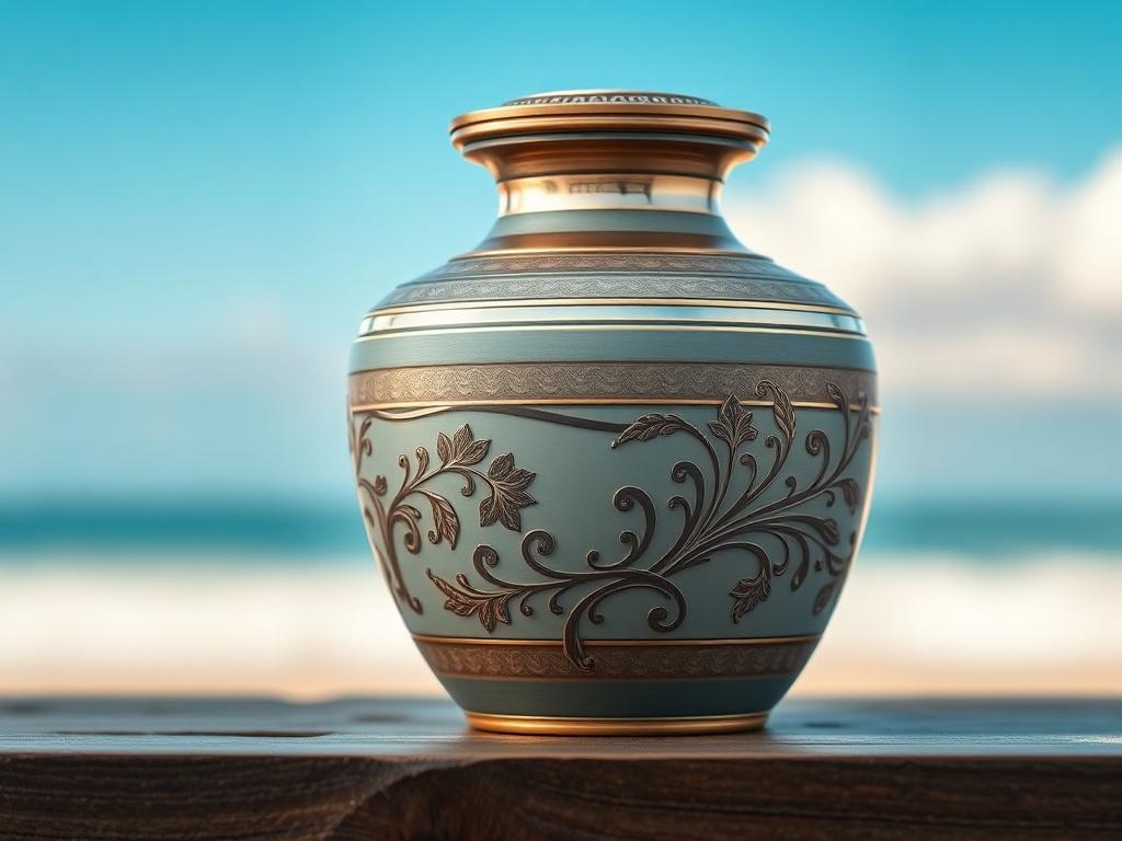 A close-up image of a beautifully crafted custom pet urn, showcasing intricate designs and personalization options. The urn is placed on a serene background, highlighting its elegance and emotional significance. The image should convey a sense of peace and remembrance.