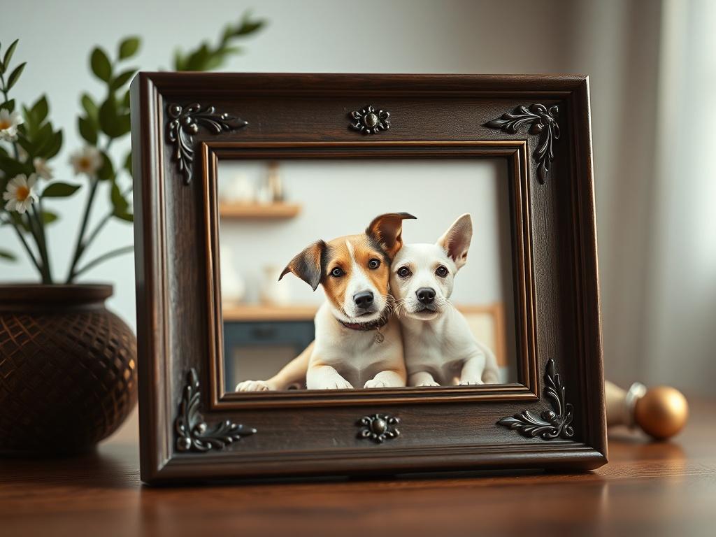 A close-up shot of a pet memorial photo frame, designed to hold a picture of a beloved pet. The frame is elegantly displayed with a softly blurred background, showcasing its customization options and emotional connection. The image should evoke nostalgia and warmth.