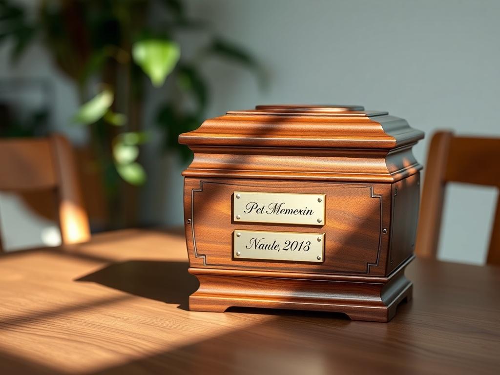 A beautifully crafted pet memorial urn placed on a wooden table. The urn is elegantly designed with intricate details and features a nameplate with an engraved name and date. Soft natural light illuminates the urn, highlighting its high-quality finish. The background is simple and uncluttered, emphasizing the urn as the focal point.