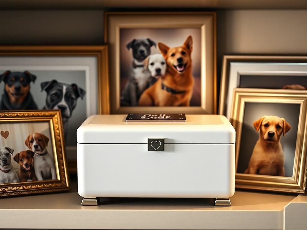 A charming pet memorial keepsake box displayed on a shelf, surrounded by framed photos of beloved pets. The box is elegantly designed with a smooth finish and a personalized nameplate on top. Soft lighting highlights the details, creating a warm and nostalgic atmosphere.