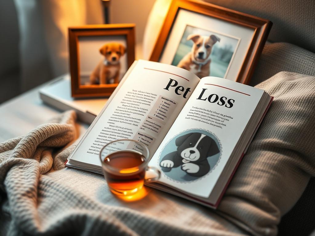 A comforting scene featuring a cozy reading nook with the Pet Loss Support Guide open on a soft cushion. A cup of tea rests beside it, and a framed photo of a beloved pet is displayed in the background. Warm, inviting lighting creates a serene atmosphere, emphasizing the supportive nature of the guide.