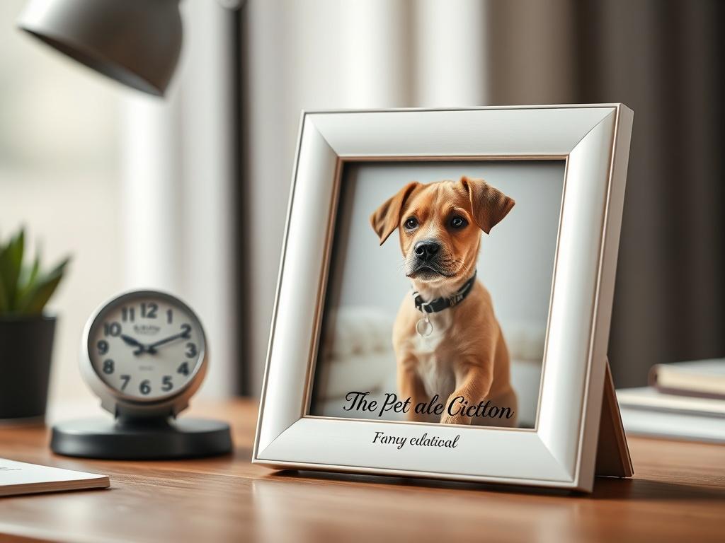 A close-up shot of a stylish Pet Memorial Photo Frame on a desk, featuring a cherished photo of a dog inside. The frame should be beautifully designed, with an inscription that adds a personal touch. The background should be softly blurred, emphasizing the frame and photo as the central focus of the image.