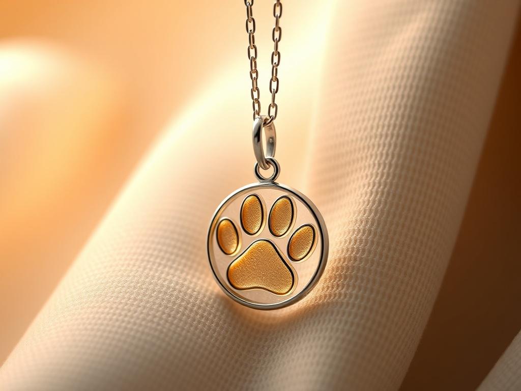 A realistic close-up of a Custom Paw Print Pendant hanging from a delicate chain, showcased against a softly lit fabric background. The pendant should display an intricate paw print design, glimmering under the gentle light. The focus should be on the pendant, highlighting its craftsmanship and emotional significance.