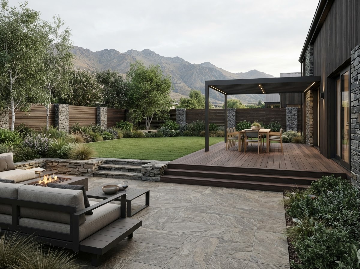 Illustrative 3D landscape design concept showing paved entertaining space, decking and garden planting