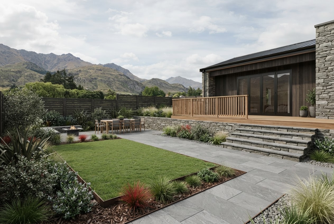 Illustrative 3D landscape design concept with deck, retaining wall, paving, lawn and garden beds