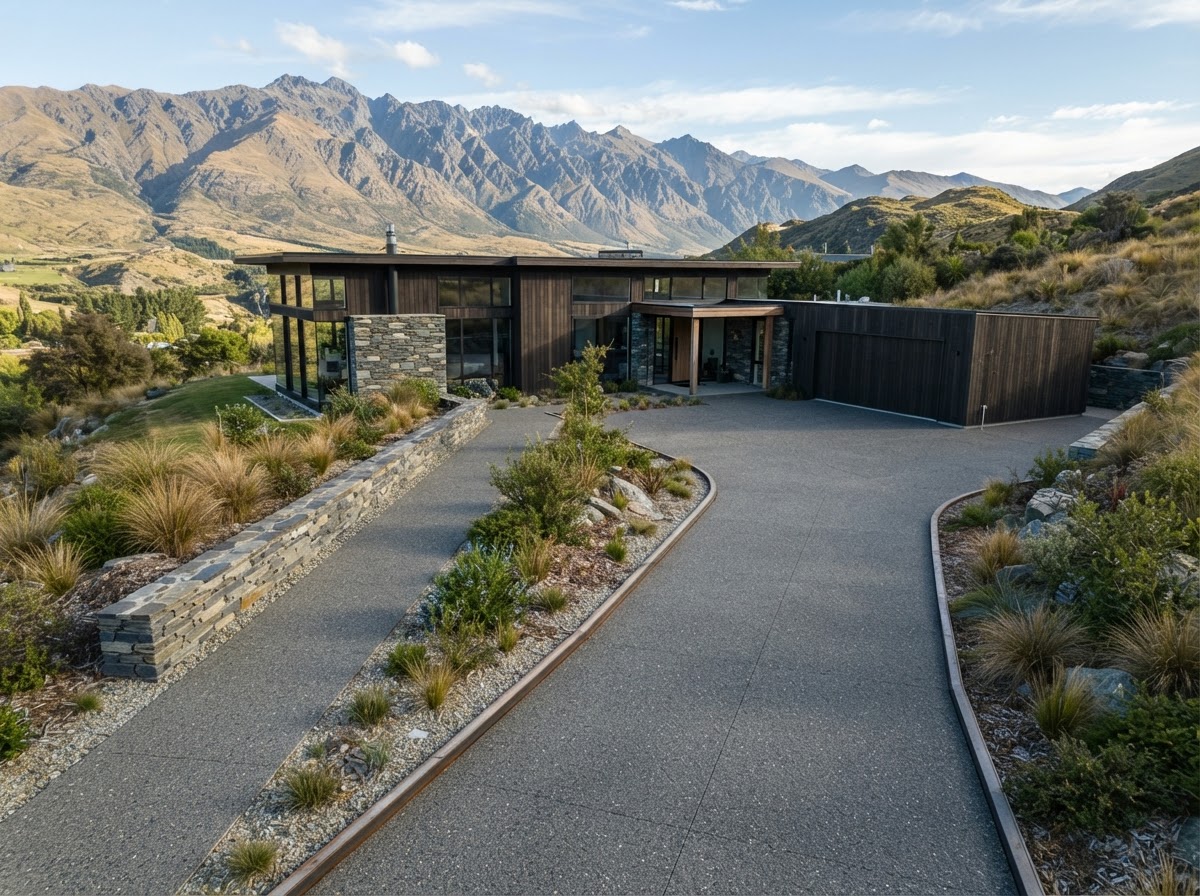 Exposed aggregate concrete driveway and path leading to a modern home