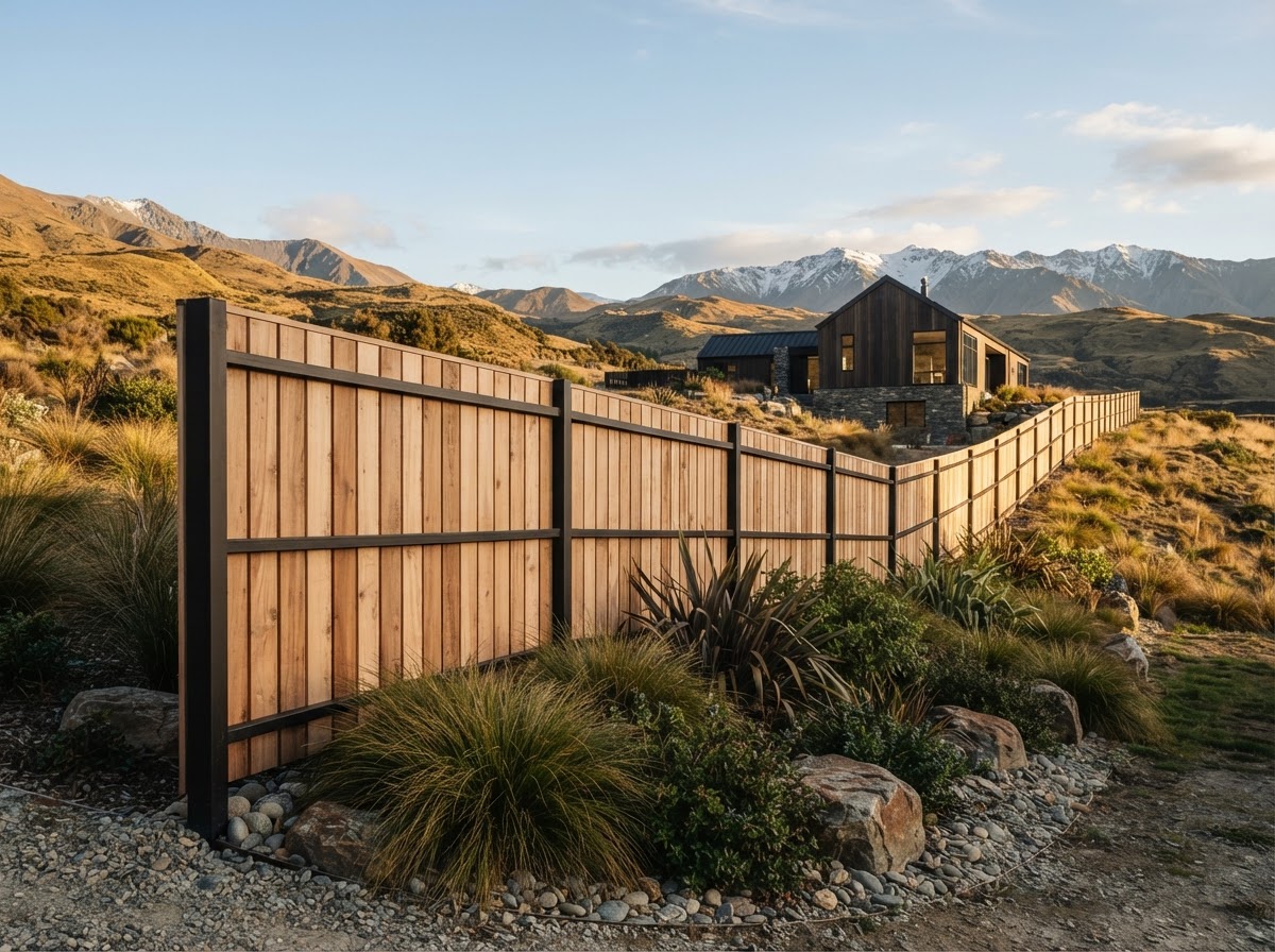 Contemporary vertical timber boundary fence with native planting