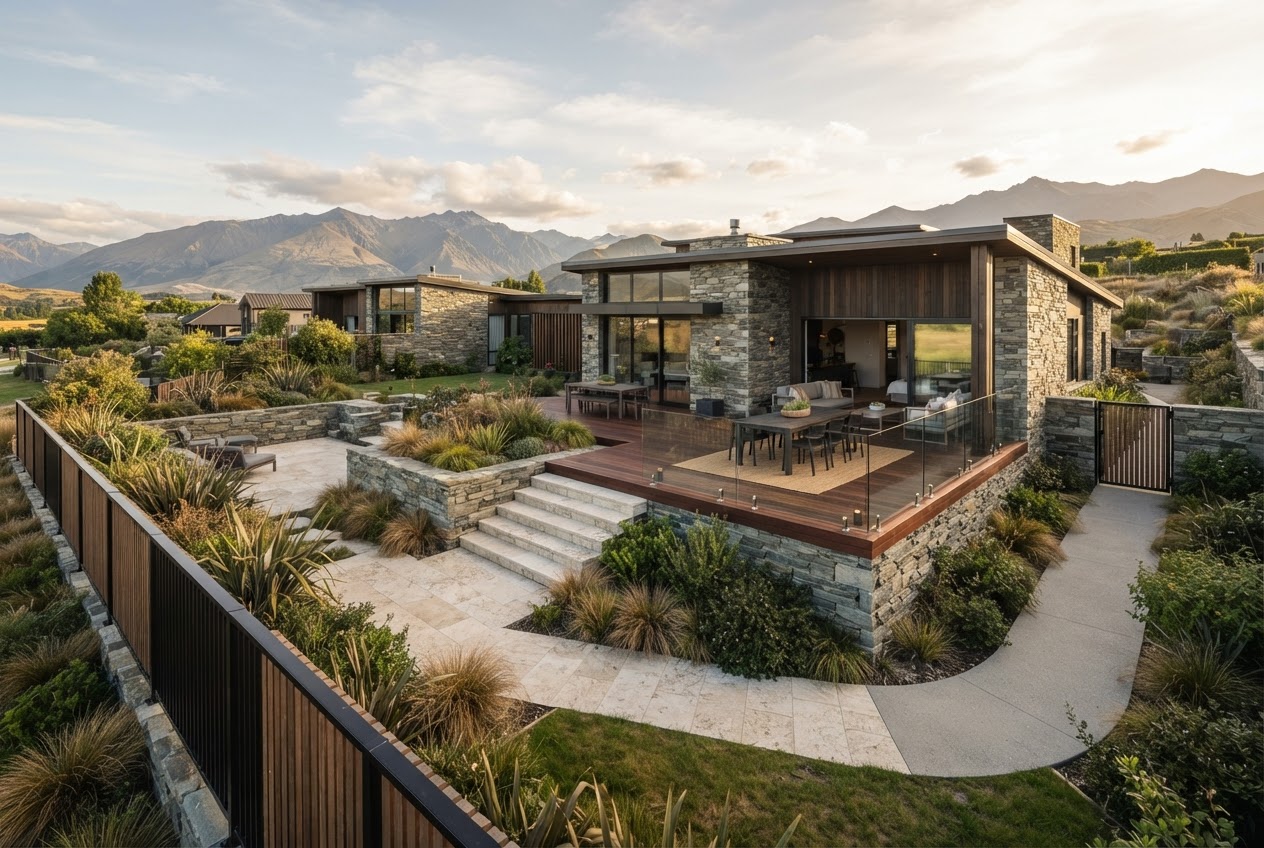 Illustrative outdoor construction concept with schist walls, deck, paving and pathway