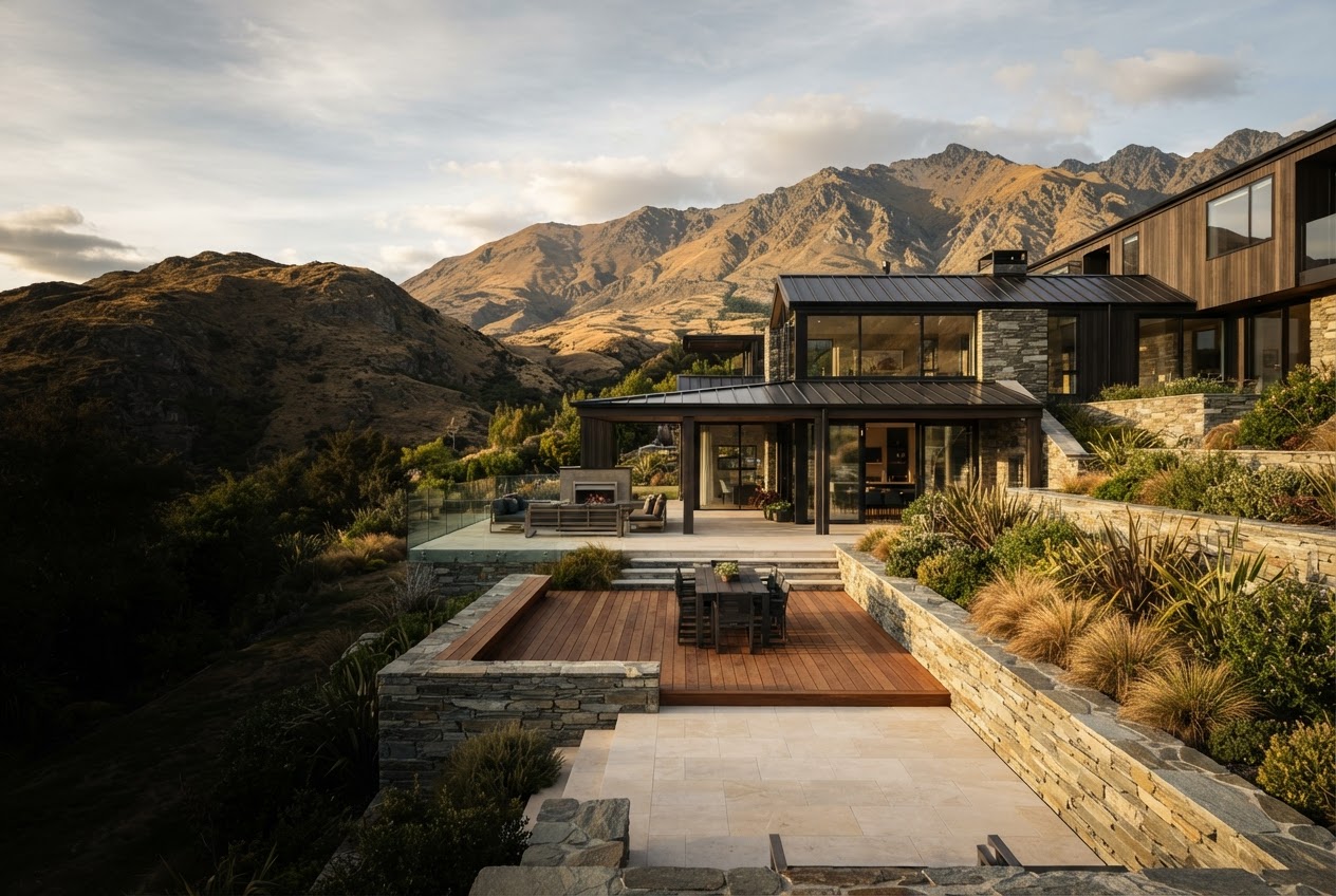Architectural outdoor living concept with stone walls, paving and timber deck in a mountain setting