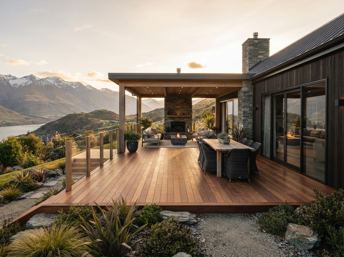 Warm timber deck and outdoor living space beside a contemporary home