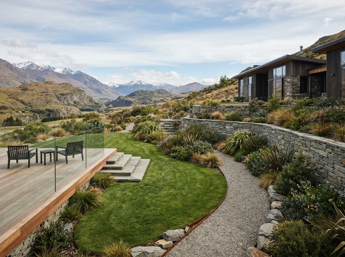 A thoughtfully layered outdoor landscape with steps, wall and deck